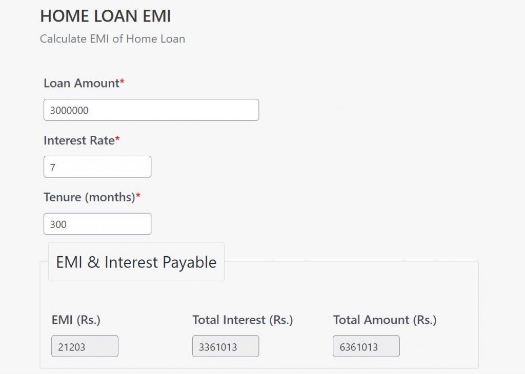 Home Loan EMI Calculation Example using Calculator
