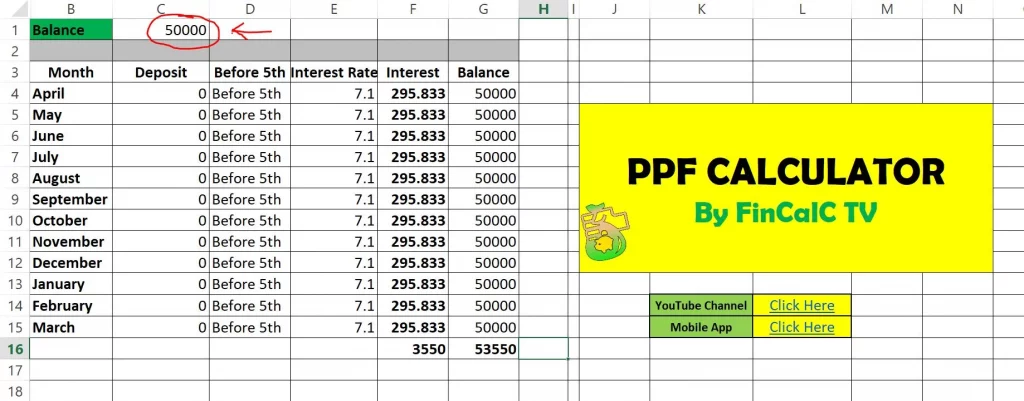 PPF calculator existing balance