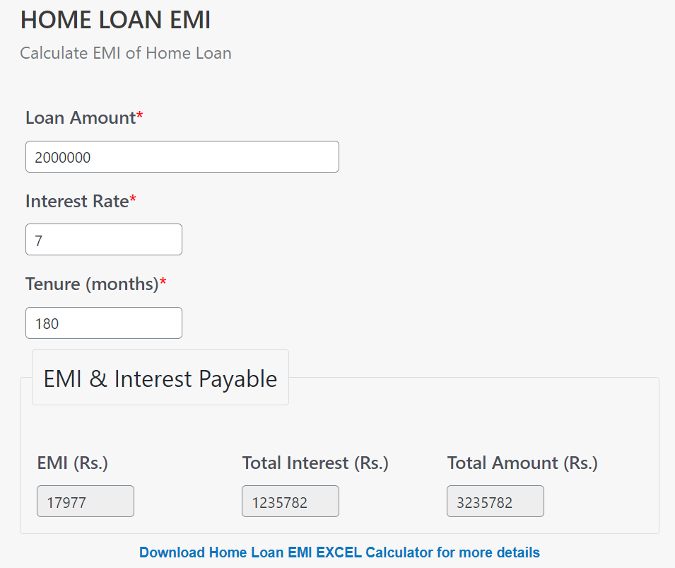 Home Loan EMI Calculation for 20 Lakhs Loan