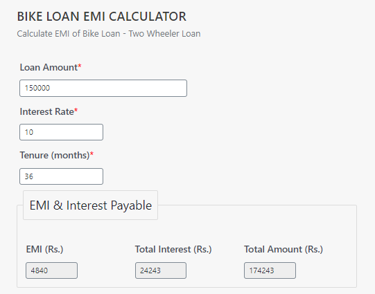 Bike Loan EMI Calculator Example