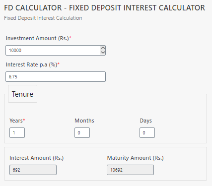 FD interest calculation on Rs. 10,000 FD