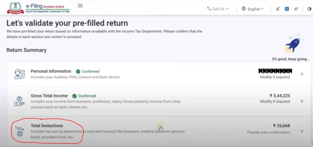 Confirm Total Deductions (Investments) in ITR