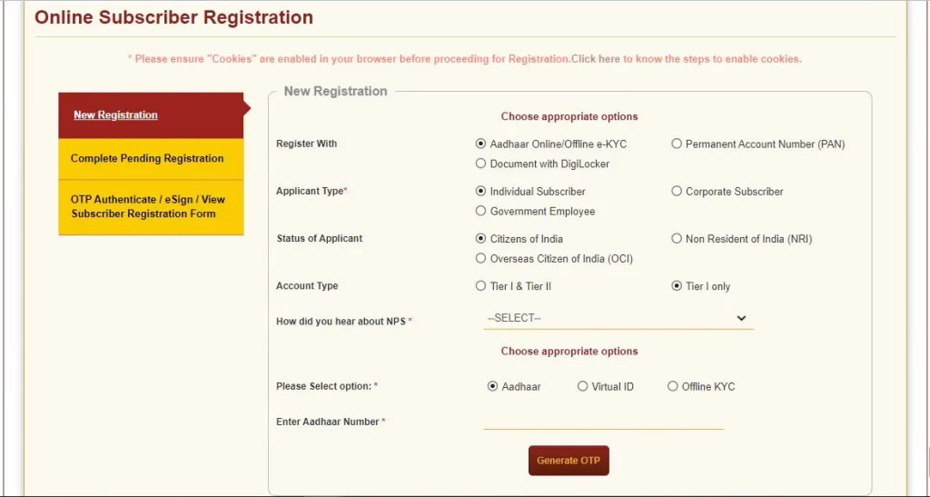 NPS Registration form with Aadhaar and PAN