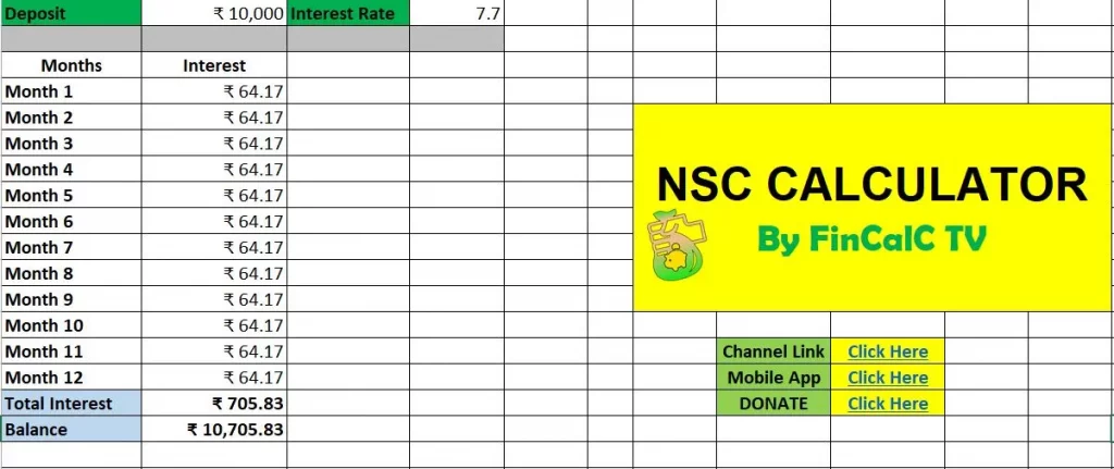 NSC Interest Calculation in Excel after 1 year